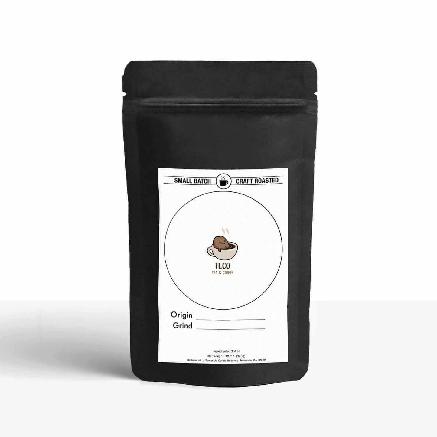 Ti.co small batch craft roasted coffee and tea packaging in black bag with white label featuring logo.