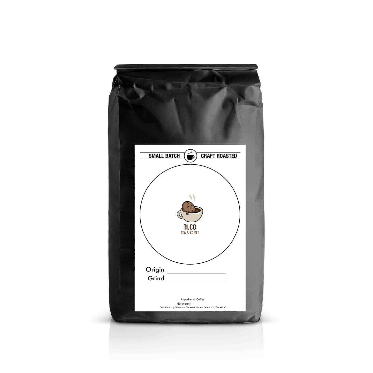 Ti.co small batch craft roasted coffee and tea black packaging with logo and label