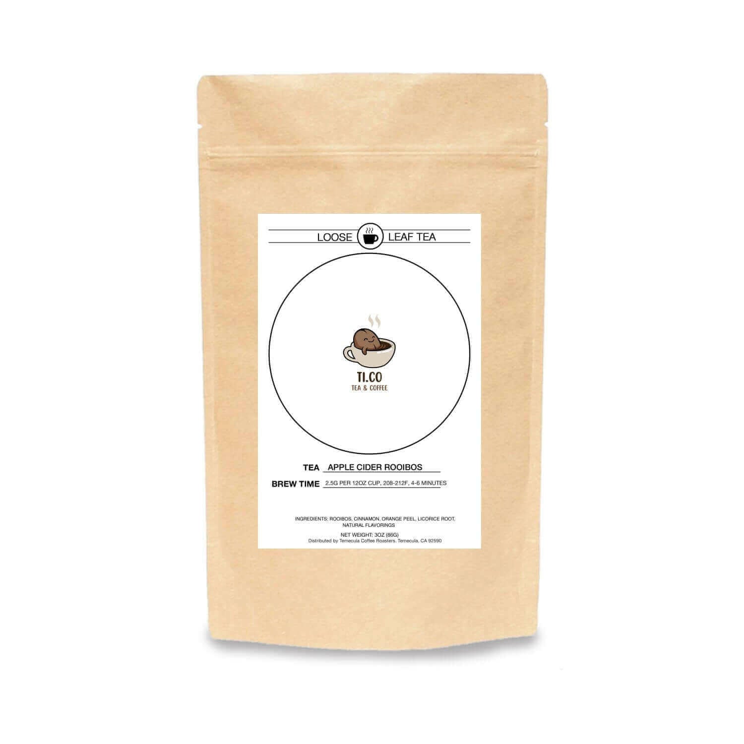 Ti.co Apple Cider Rooibos loose leaf tea in brown packaging, perfect for coffee and tea enthusiasts.