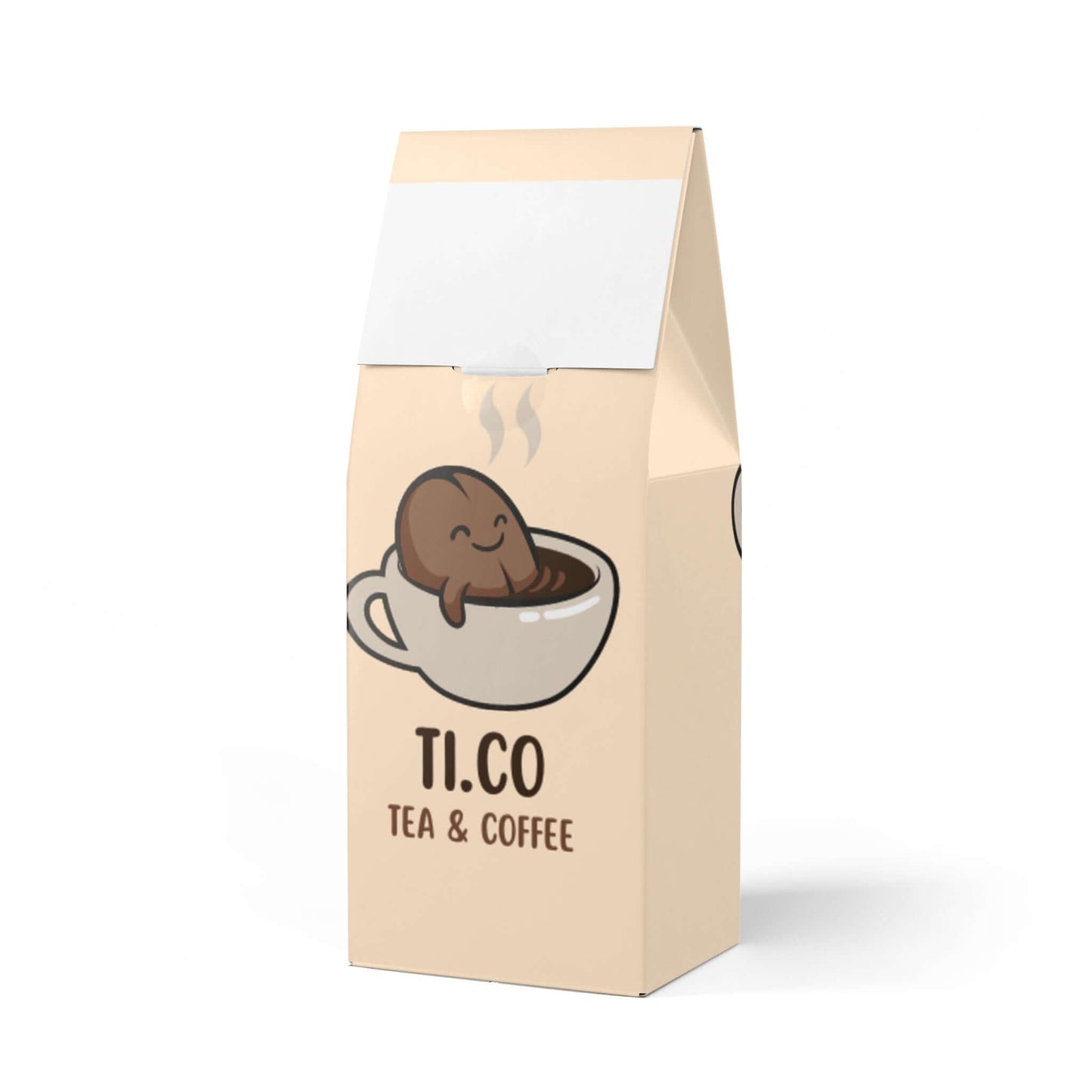 Ti.co packaging with cute tea and coffee illustration.