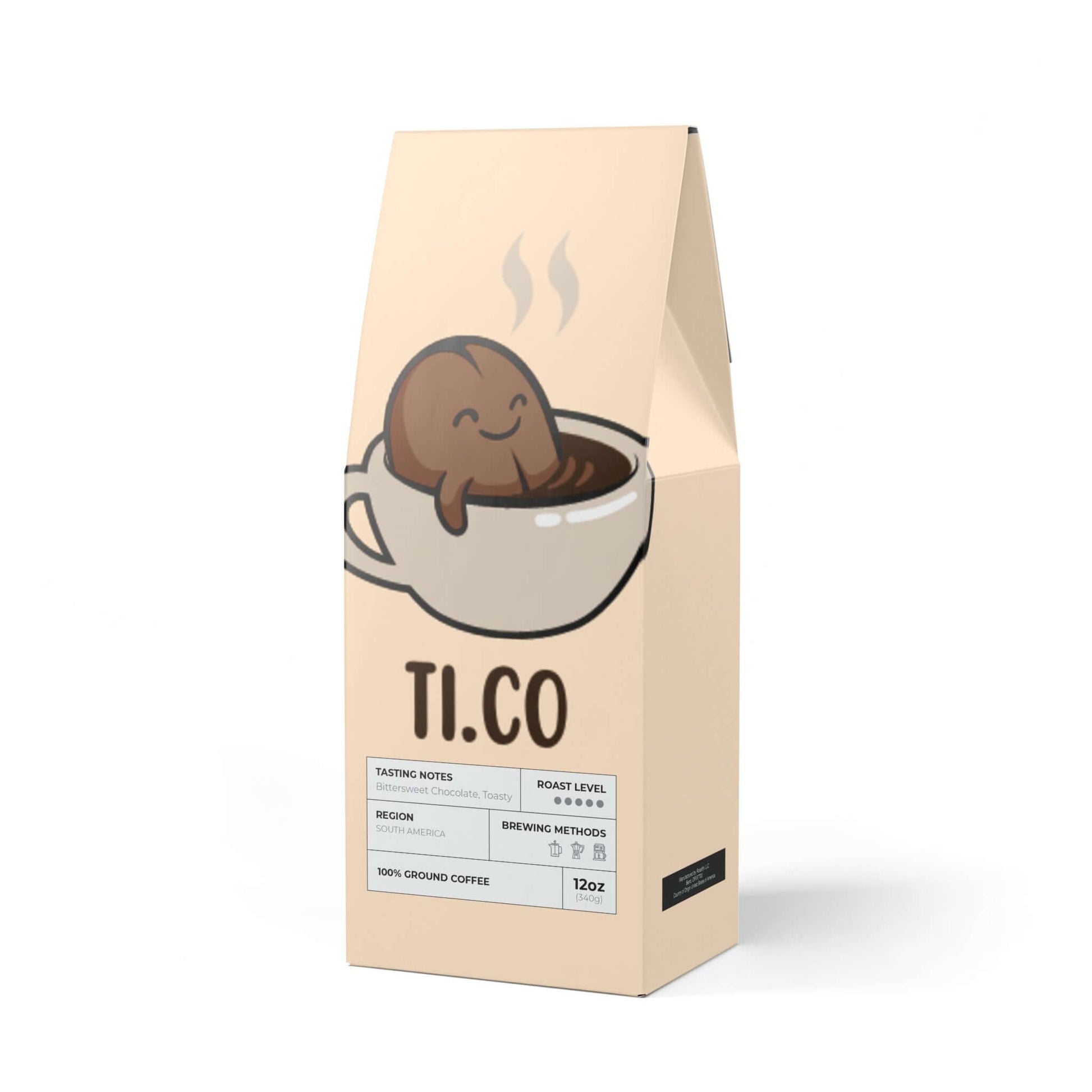 Ti.co coffee packaging with a cute coffee bean in a cup, highlighting brew methods and roast level. Perfect for coffee and tea lovers.