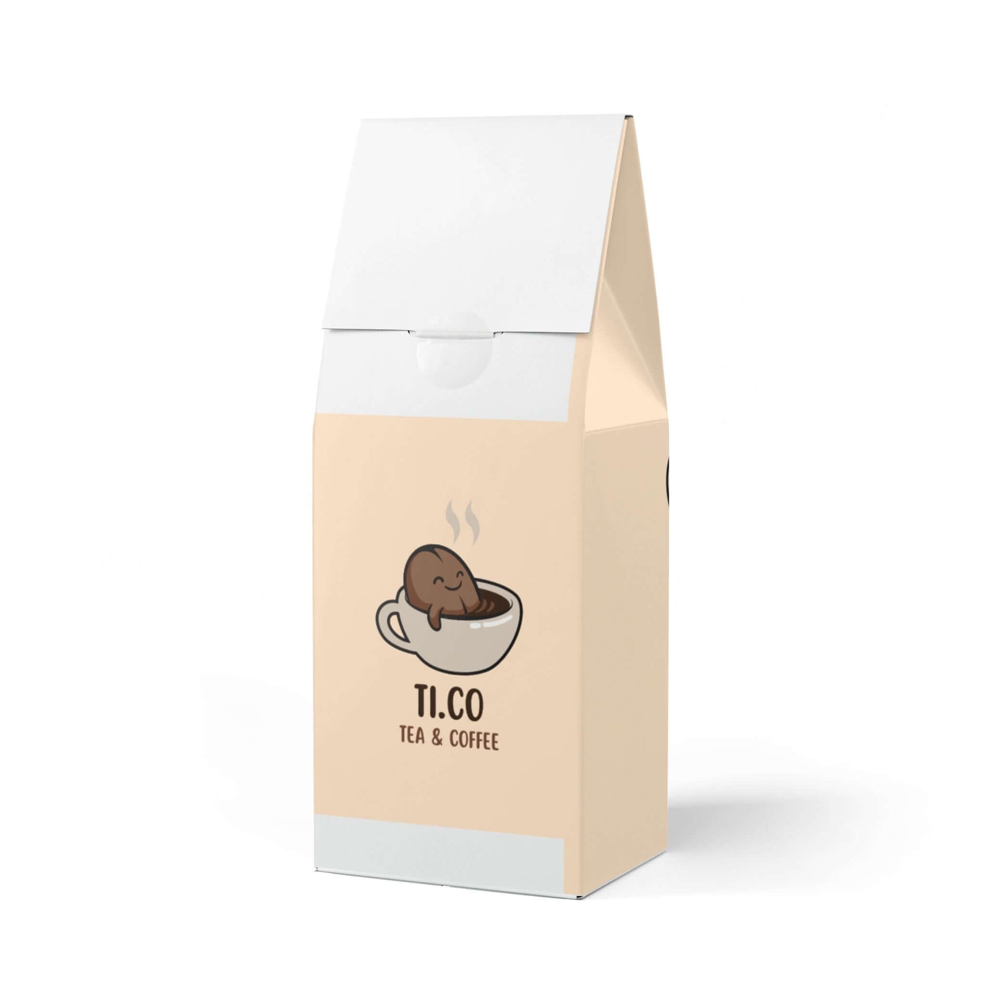 Ti.co tea and coffee packaging featuring cute cup design.