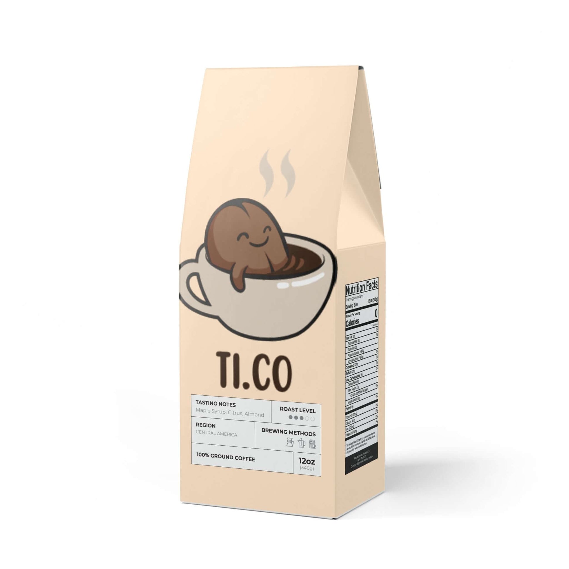 Ti.co coffee bag with a happy coffee bean character in a cup, featuring tasting notes and brewing instructions. Perfect for coffee and tea lovers.