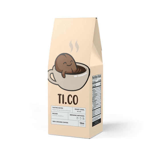 Ti.co coffee bag with a happy coffee bean character in a cup, featuring tasting notes and brewing instructions. Perfect for coffee and tea lovers.