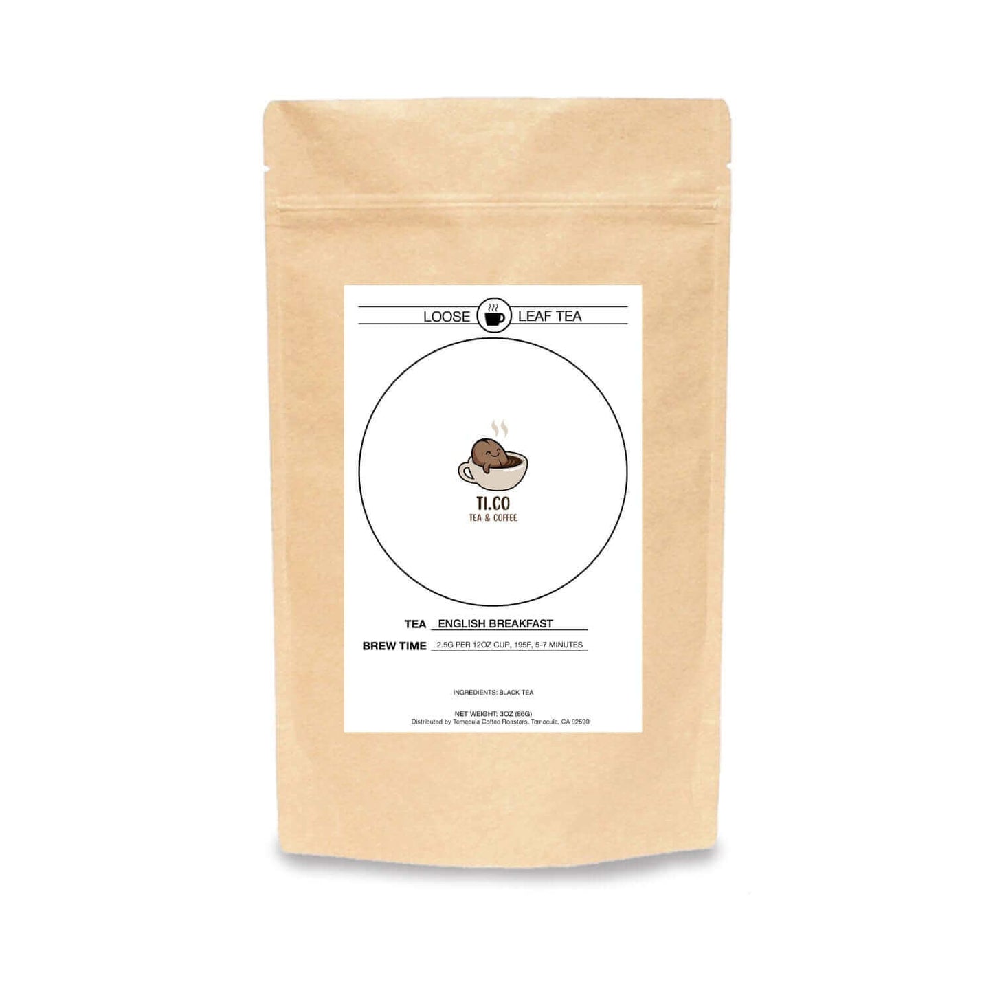 Ti.co English Breakfast loose leaf tea package, premium quality tea blend for coffee and tea lovers.