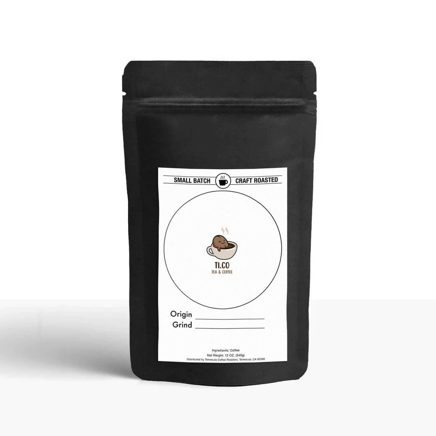 Ti.co craft roasted coffee and tea bag in black packaging.