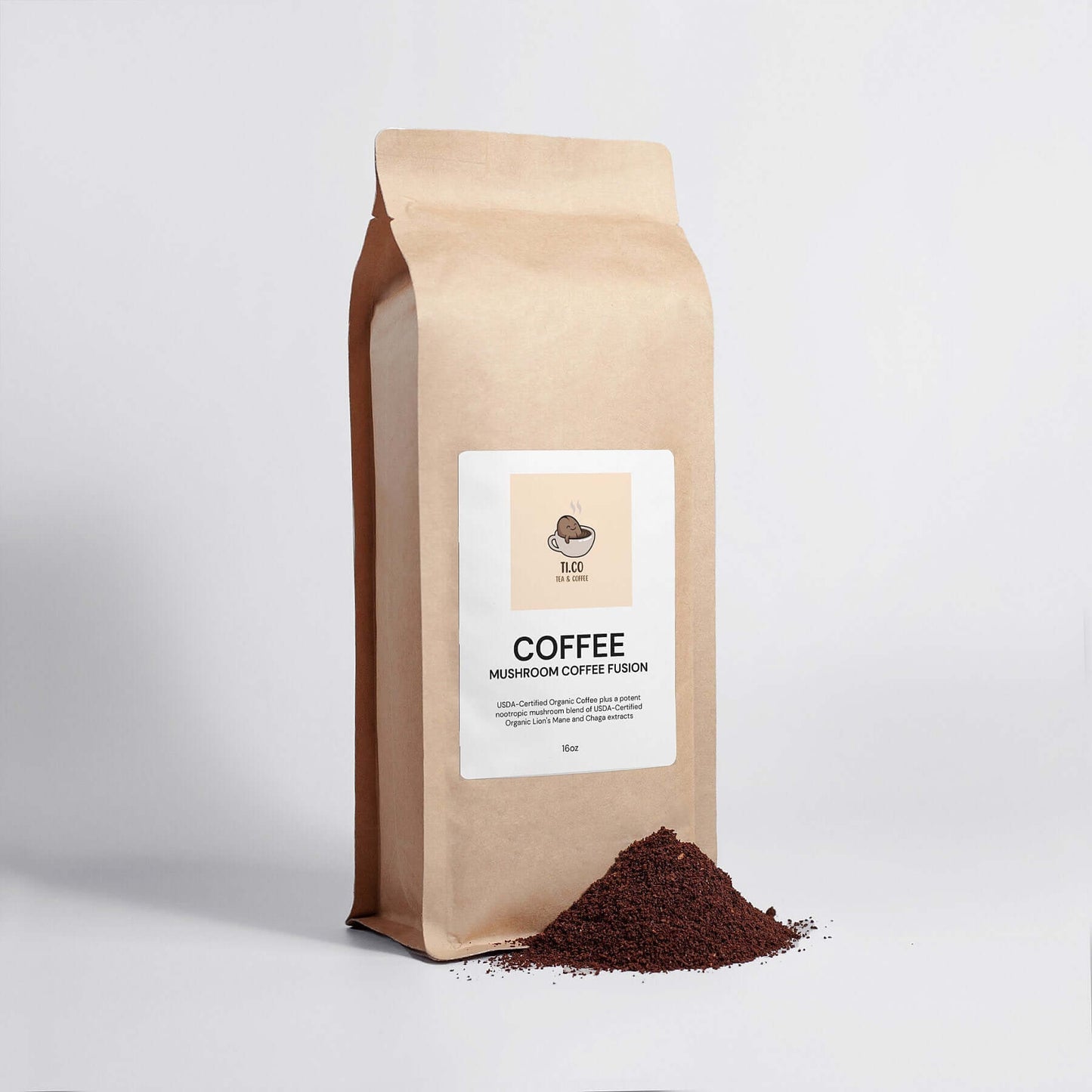 Ti.co coffee bag with ground coffee on a white background. Perfect blend of coffee and mushroom for a unique taste.