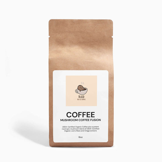 Ti.co Mushroom Coffee Fusion package featuring a blend of USDA-certified organic coffee, Lion's Mane, and Chaga extract - perfect for coffee and tea lovers.