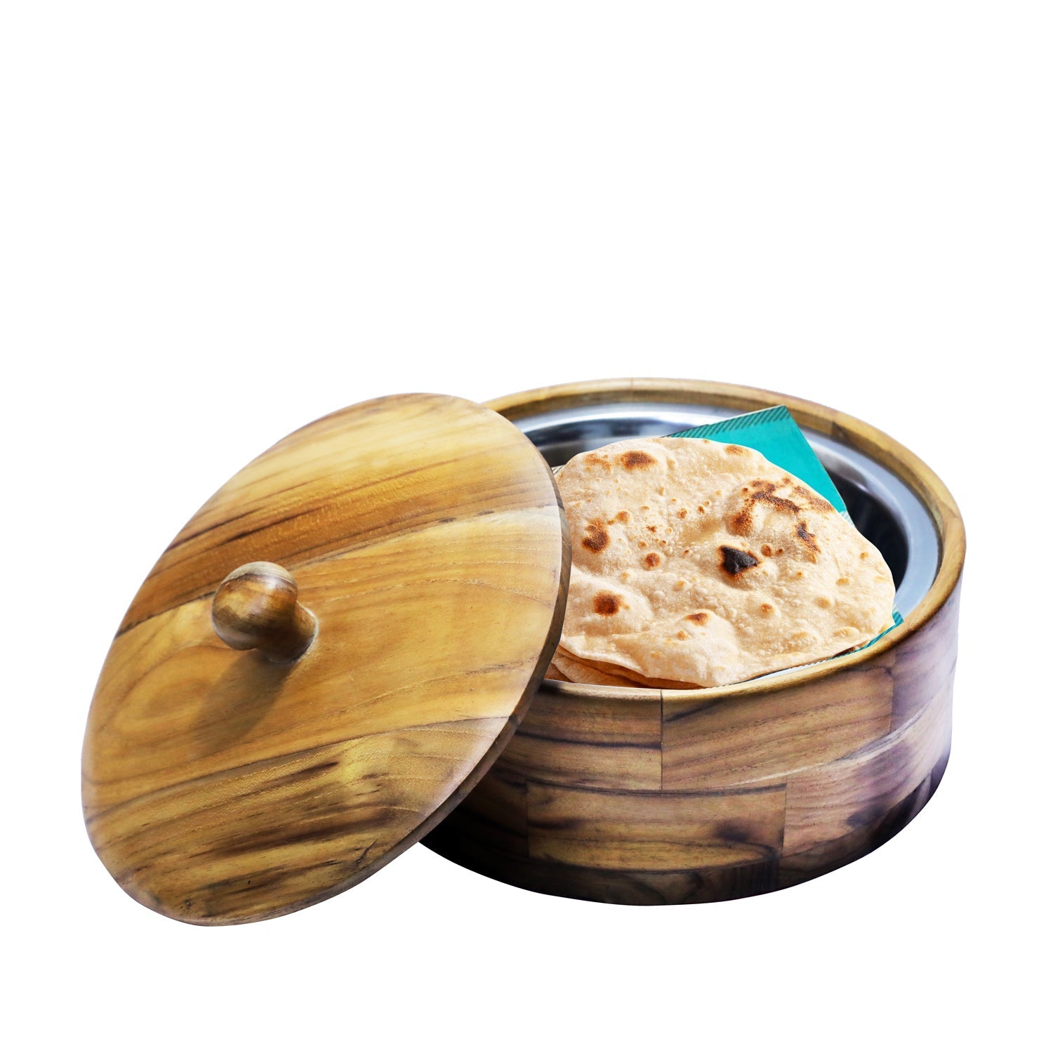 Teak Wood Stainless Steel Bread CHAPATI Casserole Multipurpose Kitchen - KXX  TI.CO
